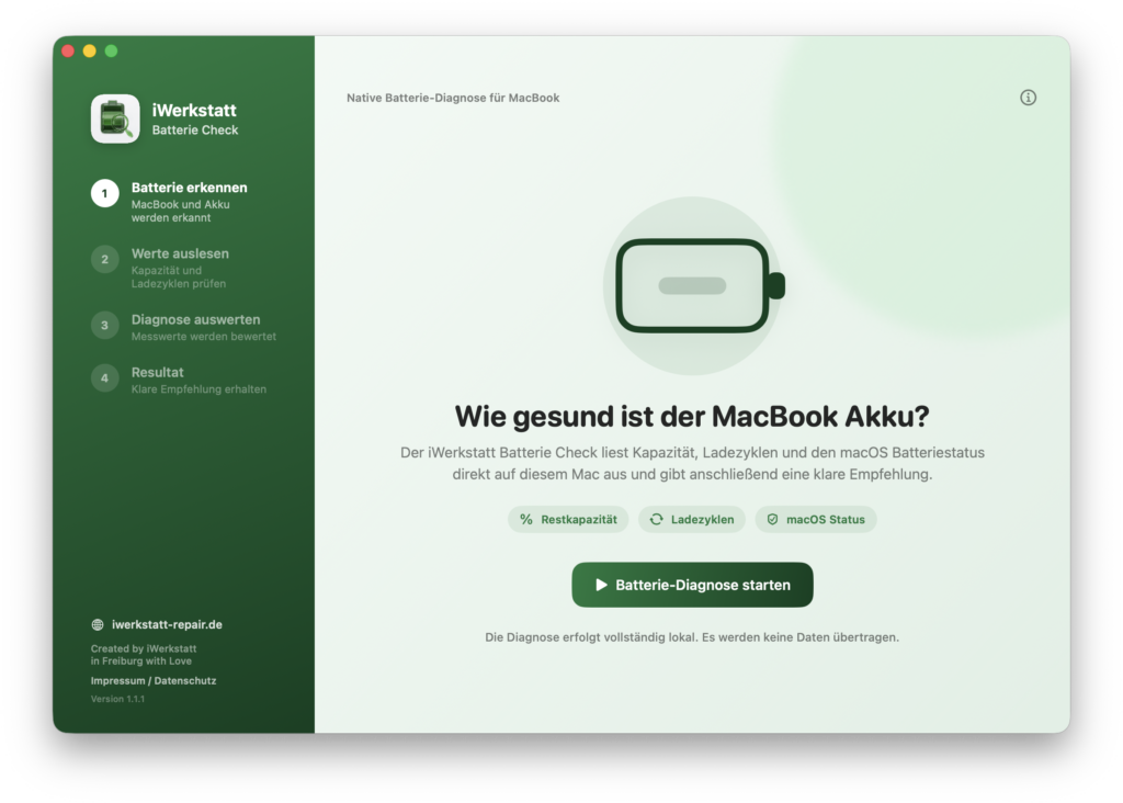 Startbildschirm des iWerkstatt Batterie Check mit dem Button Akku Diagnose starten
