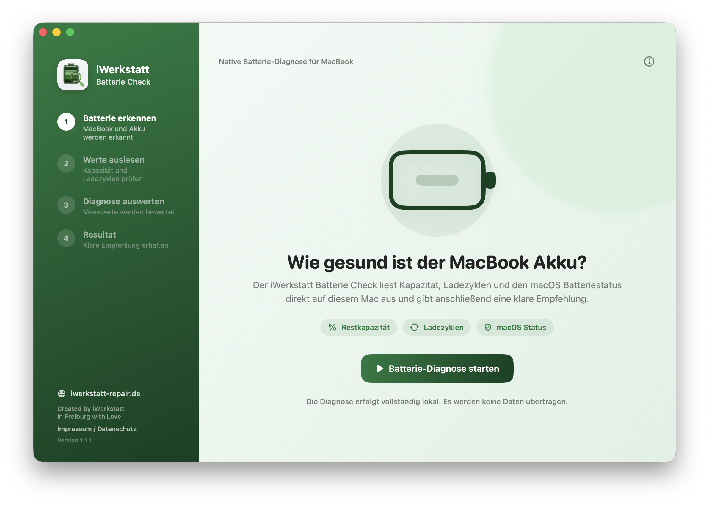 Startbildschirm des iWerkstatt Batterie Check mit dem Button Akku Diagnose starten