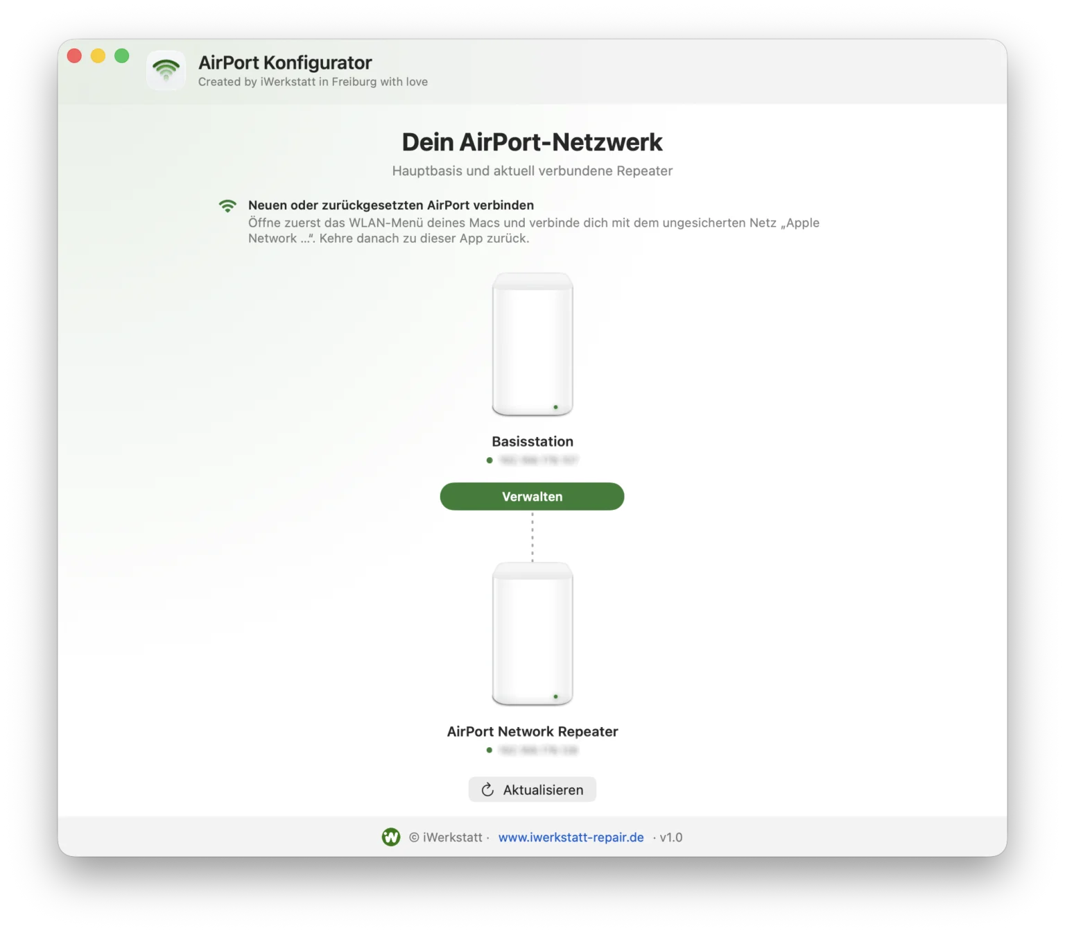 AirPort Konfigurator für macOS mit Hauptbasis und verbundenem AirPort-Repeater