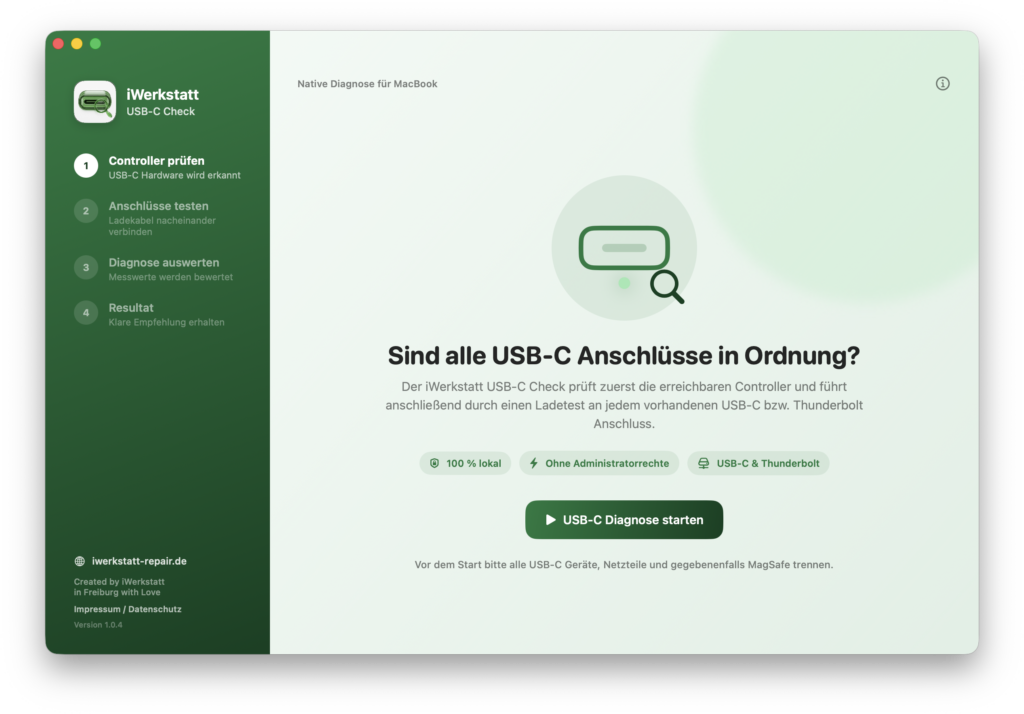 Startbildschirm des iWerkstatt USB-C Check mit dem Button USB-C Diagnose starten