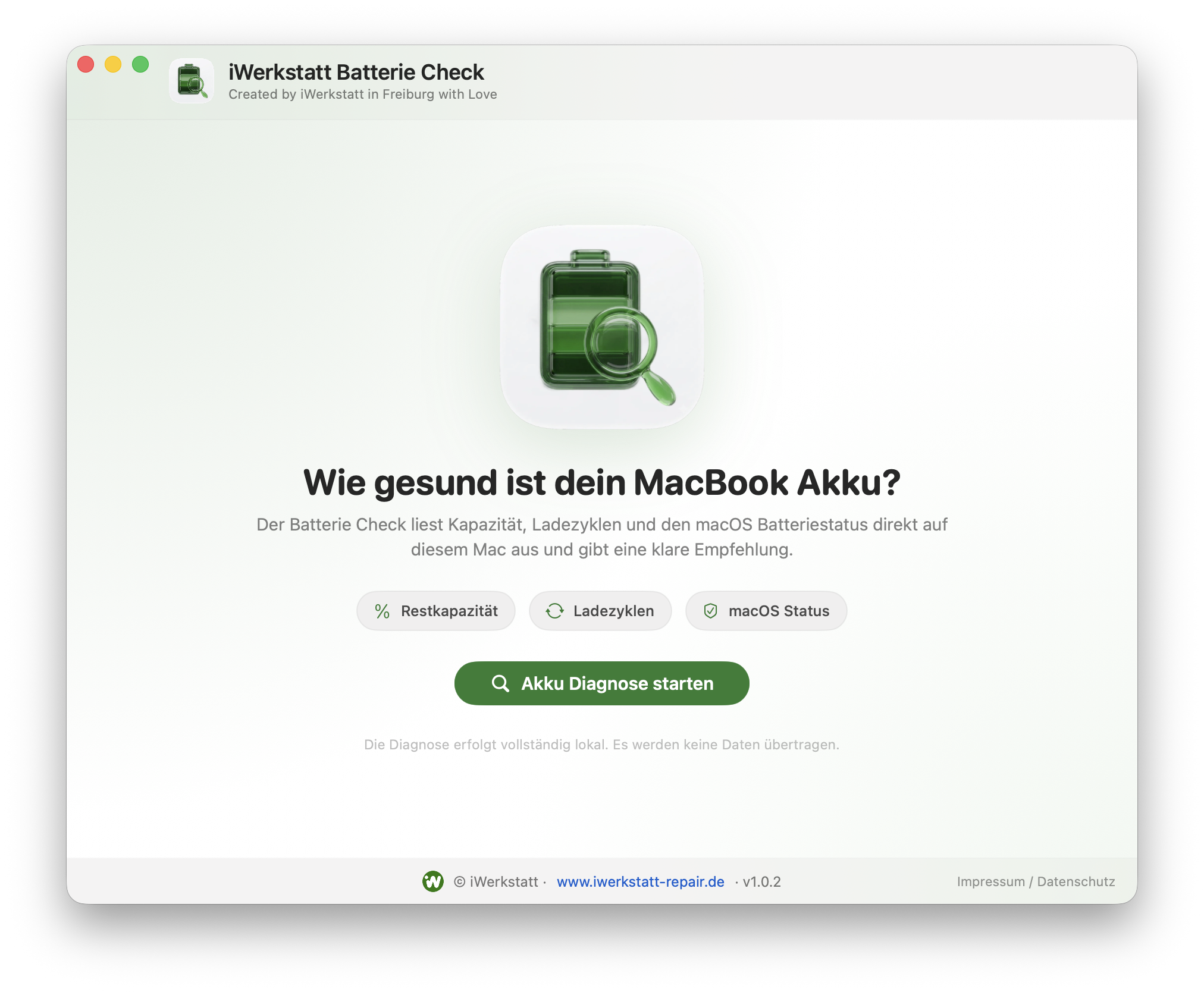 Startbildschirm des iWerkstatt Batterie Check mit dem Button Akku Diagnose starten