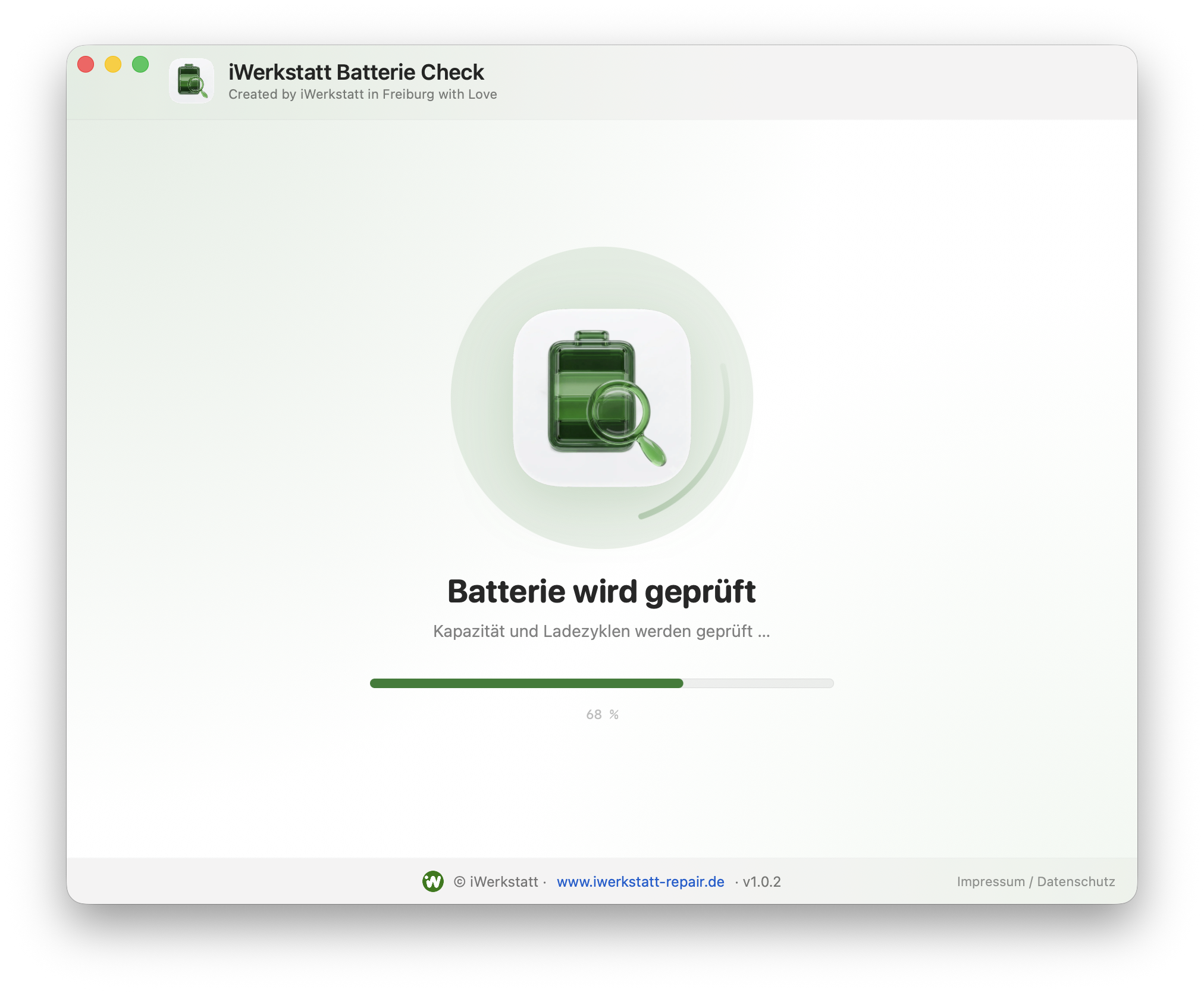 Fortschrittsansicht während der Akkuprüfung im iWerkstatt Batterie Check