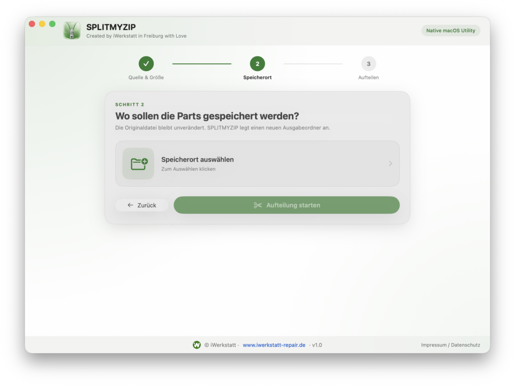 SPLITMYZIP Schritt 2: Speicherort für die aufgeteilten ZIP-Parts auswählen