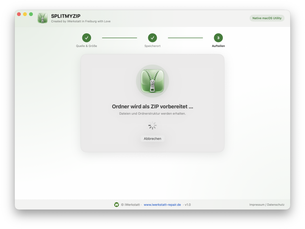 SPLITMYZIP Schritt 3: Ordner wird als ZIP vorbereitet und anschließend in mehrere Parts aufgeteilt