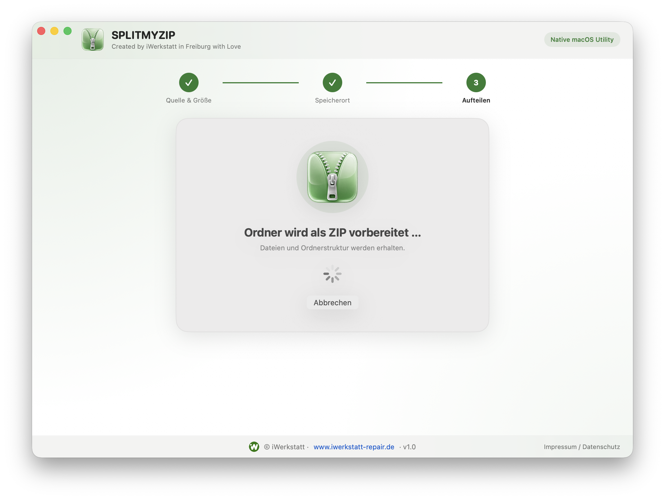 SPLITMYZIP Schritt 3: Ordner wird als ZIP vorbereitet und anschließend in mehrere Parts aufgeteilt