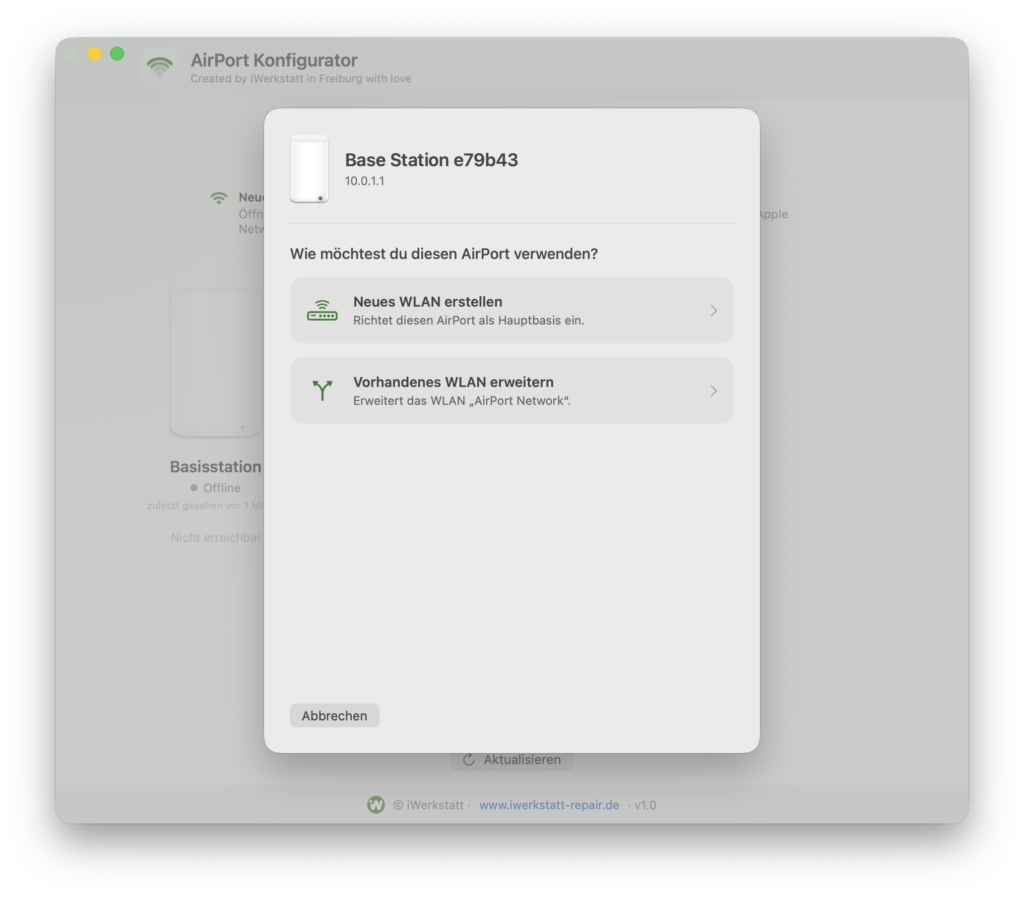 Option Vorhandenes WLAN erweitern im AirPort Konfigurator auswählen