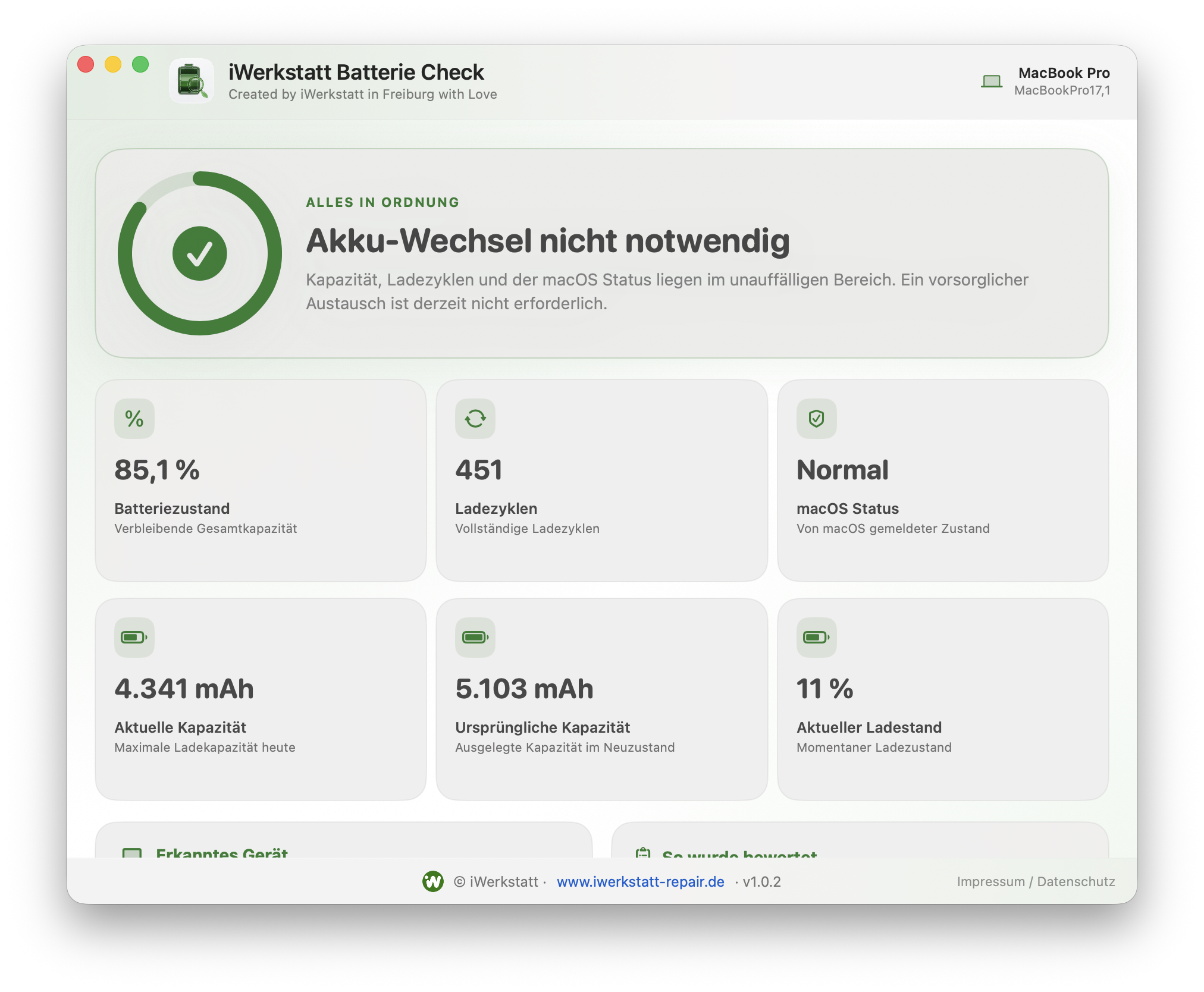 Ergebnisanzeige des iWerkstatt Batterie Check mit unauffälligem Akku-Zustand