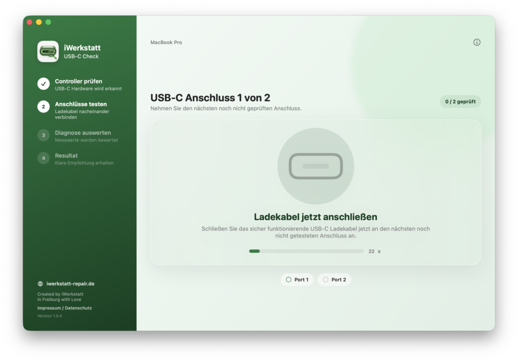 USB-C Ladetest mit Zeitfenster für den aktuell geprüften Anschluss