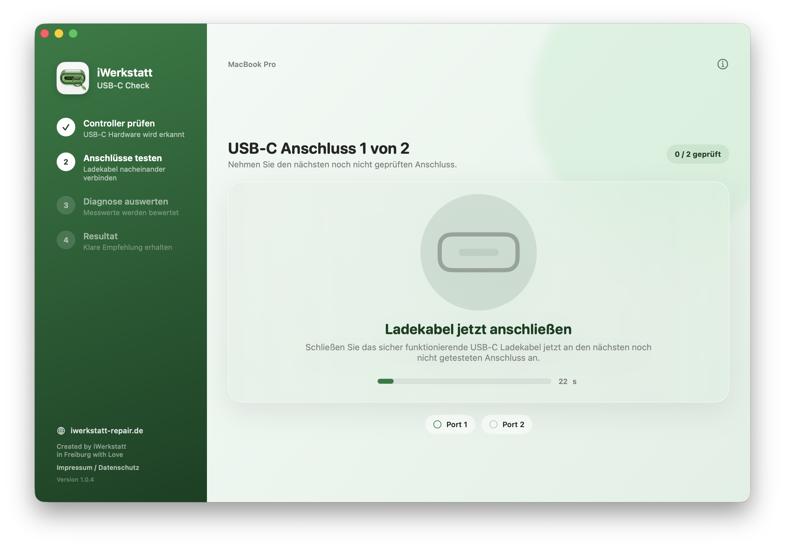USB-C Ladetest mit Zeitfenster für den aktuell geprüften Anschluss