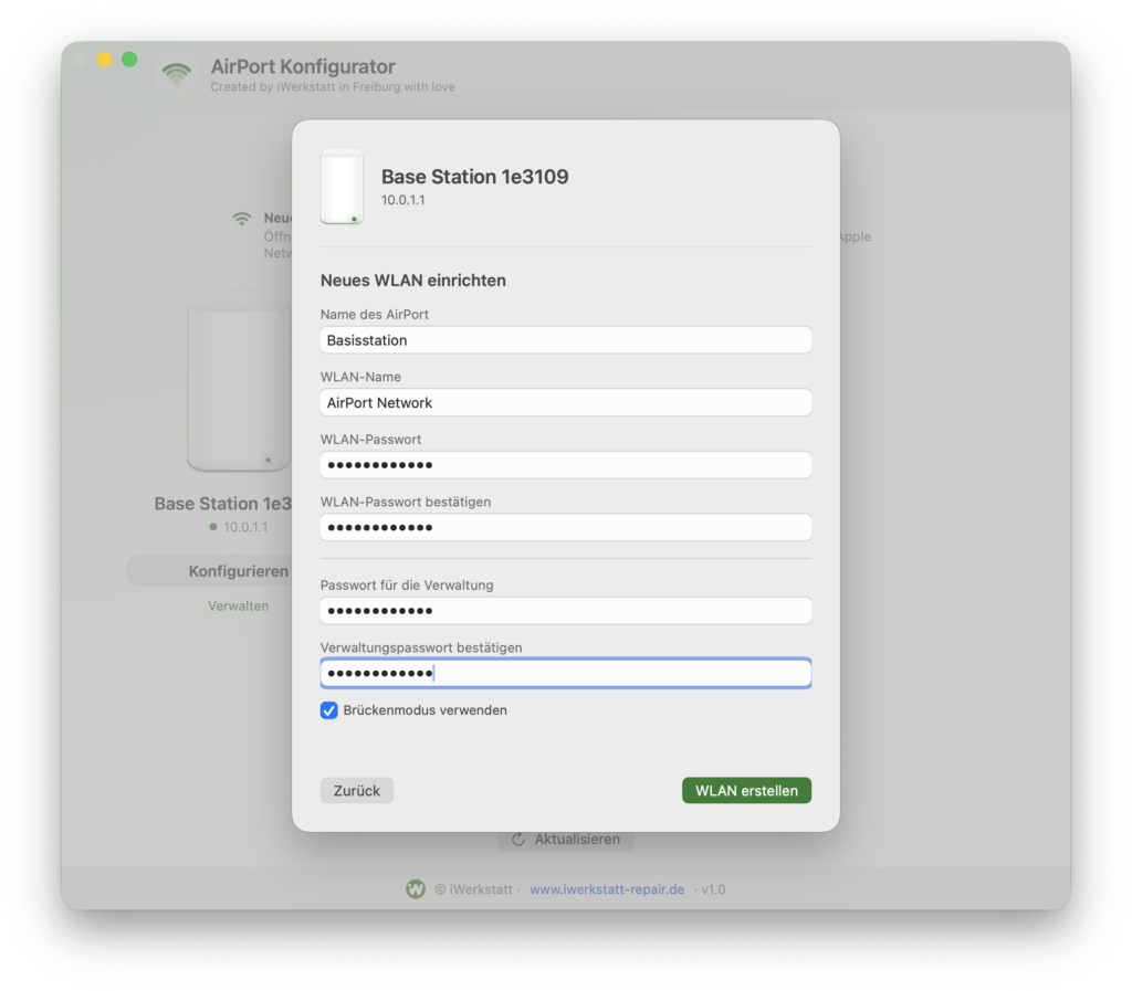WLAN-Name, WLAN-Passwort und Verwaltungskennwort im AirPort Konfigurator eingeben