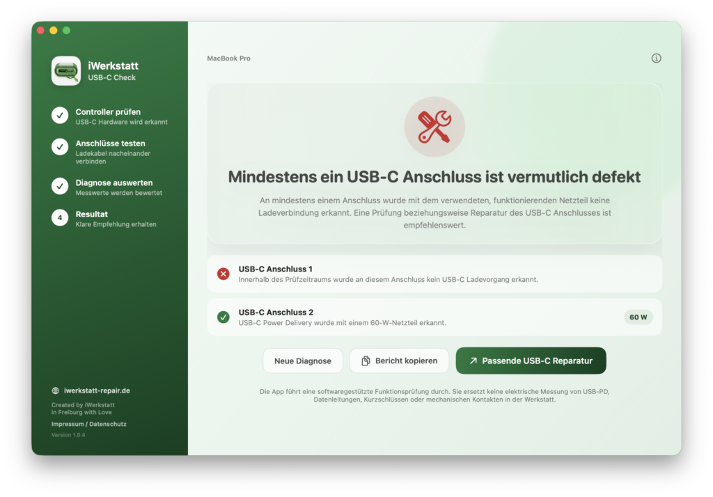 Abgeschlossenes Diagnoseergebnis mit einem vermutlich defekten und einem funktionierenden USB-C Anschluss