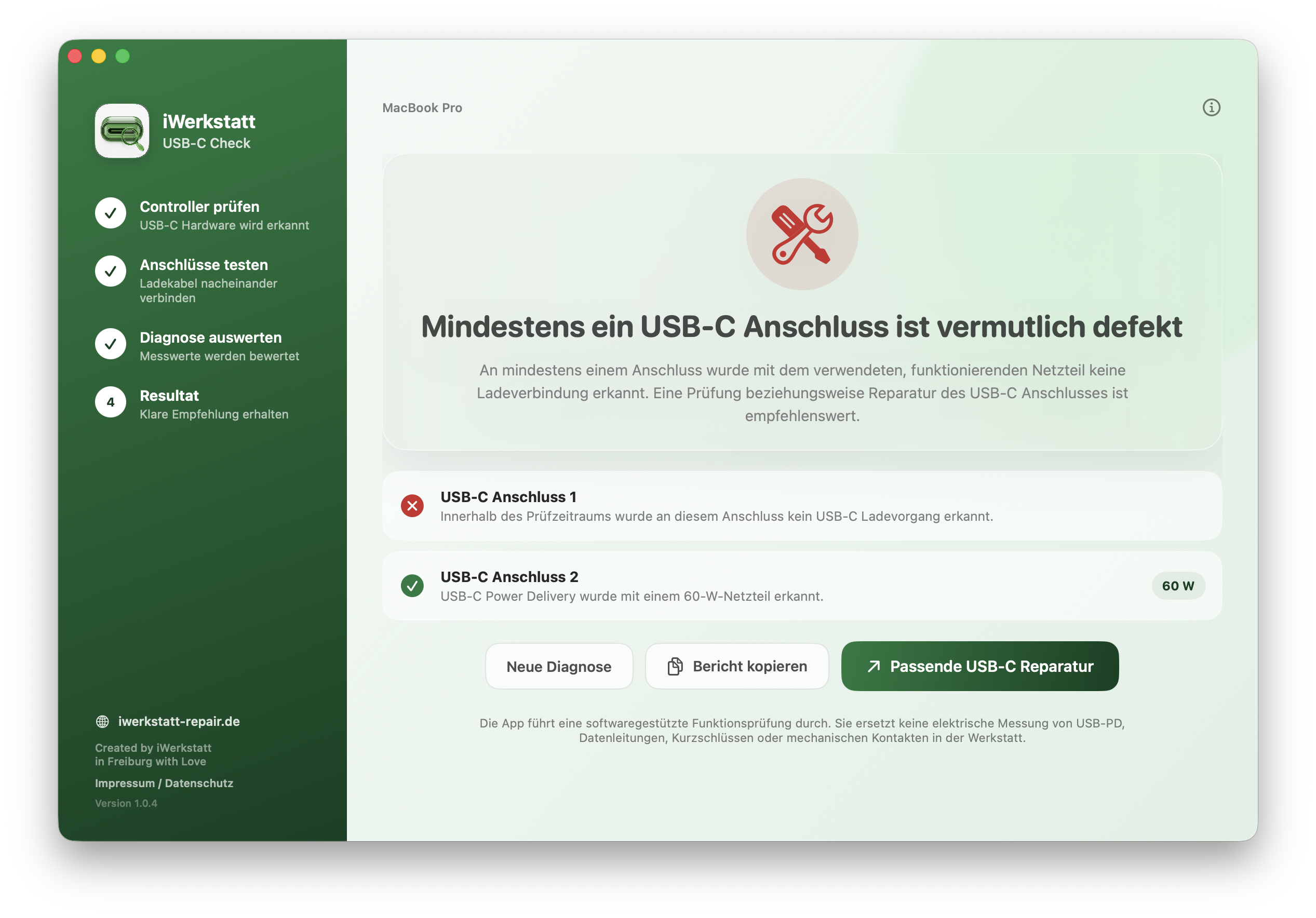 Abgeschlossenes Diagnoseergebnis mit einem vermutlich defekten und einem funktionierenden USB-C Anschluss
