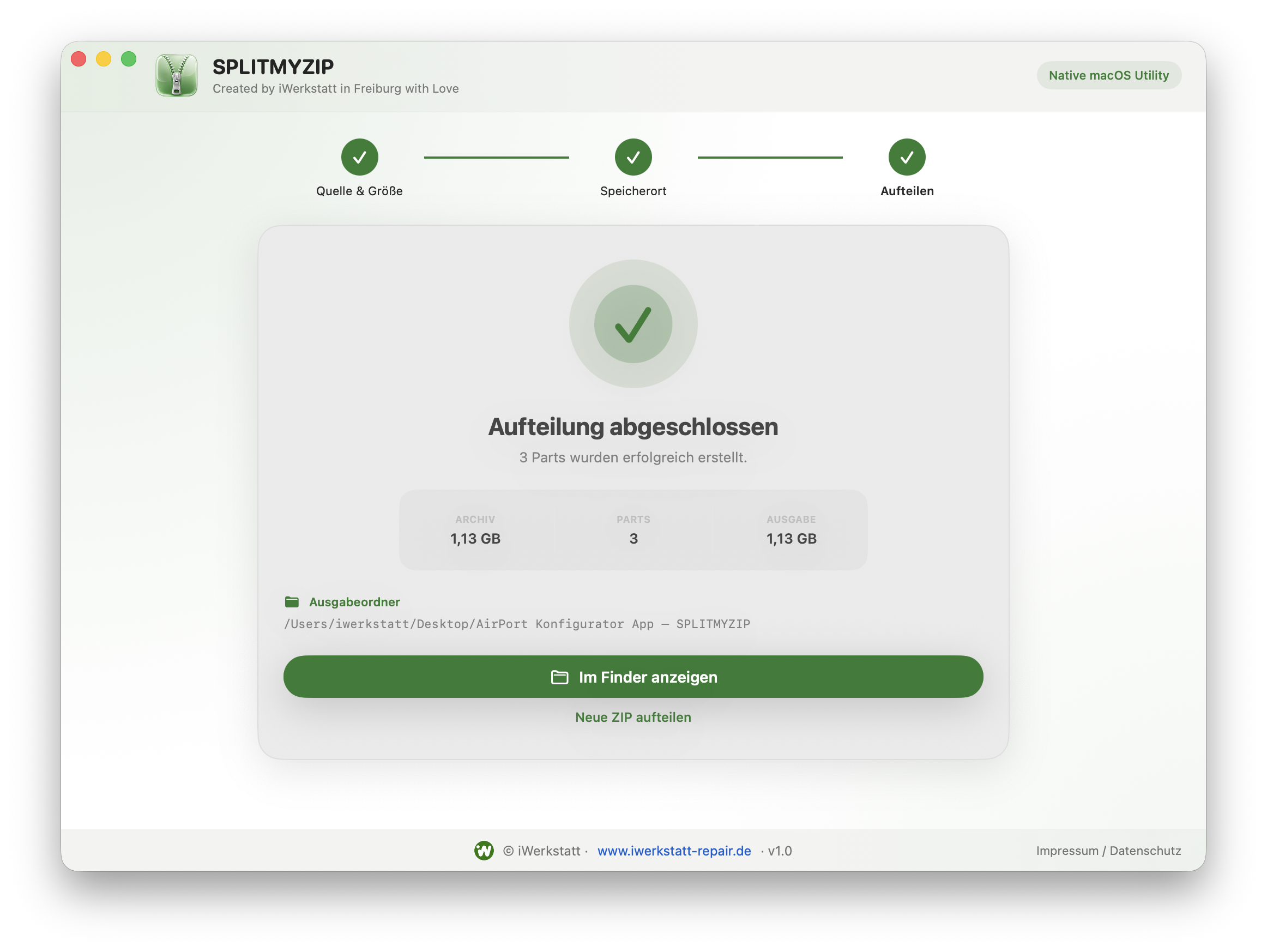 SPLITMYZIP Abschluss: Aufteilung abgeschlossen und Ausgabeordner im Finder anzeigen