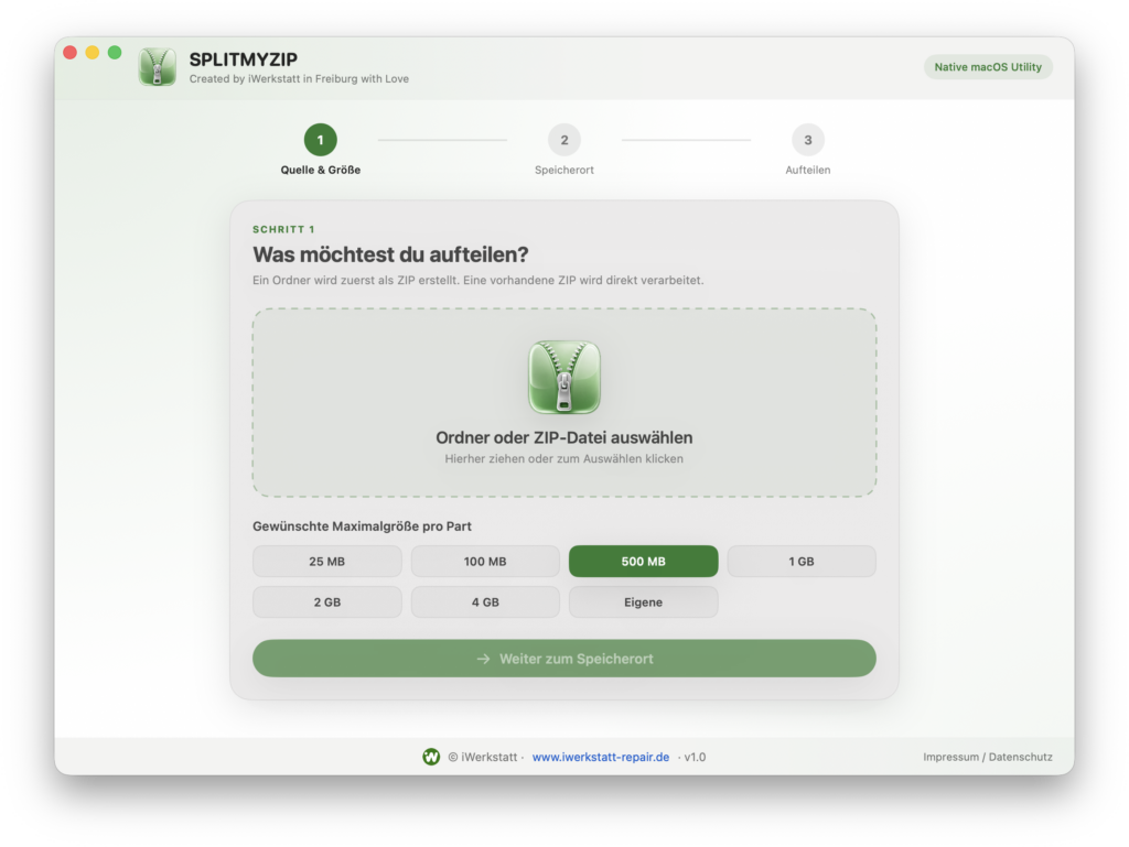 SPLITMYZIP Schritt 1: Ordner oder ZIP-Datei auswählen und gewünschte Maximalgröße pro Part festlegen