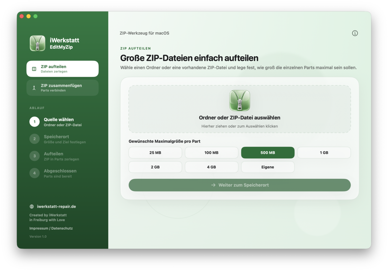 EditMyZip für macOS zum Splitten großer ZIP-Dateien
