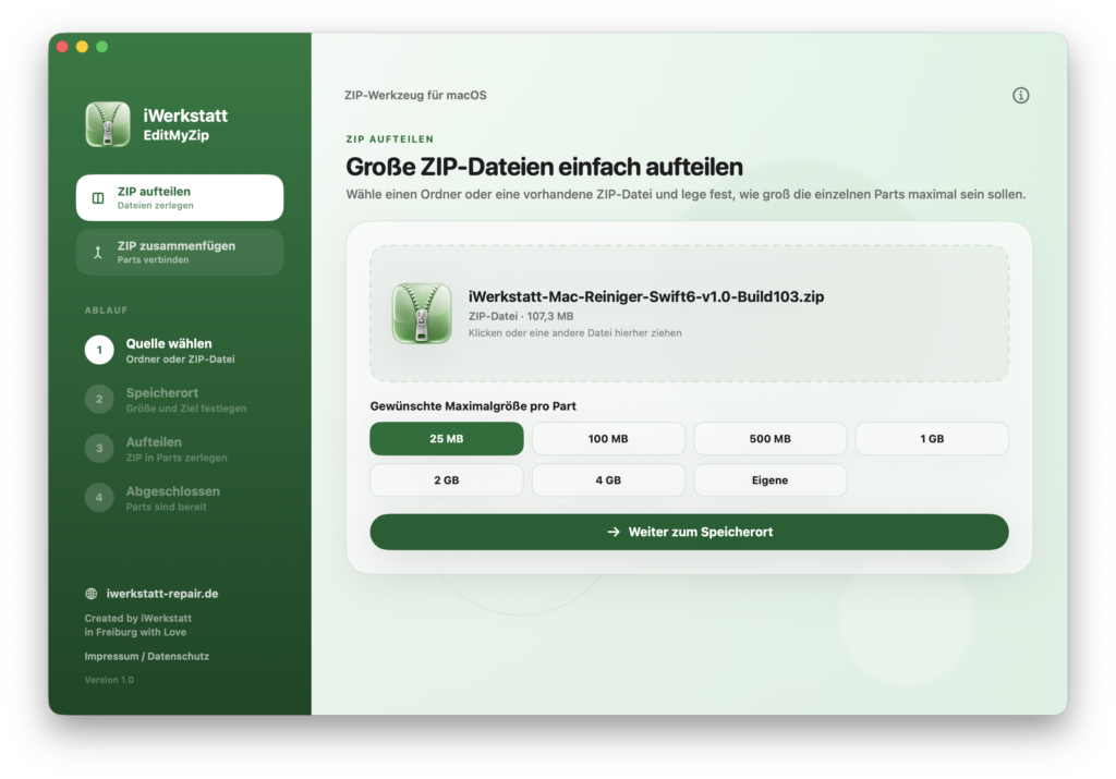 EditMyZip zum Zusammenführen von ZIP-Parts auf dem Mac