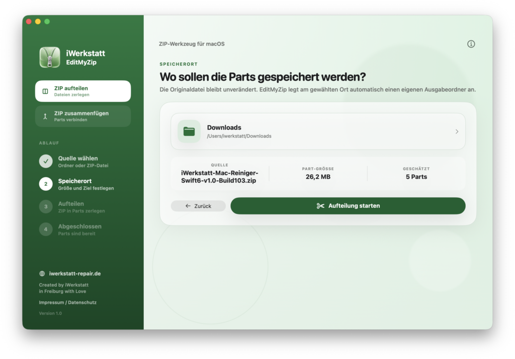 EditMyZip Auswahl des Speicherorts für aufgeteilte ZIP-Parts