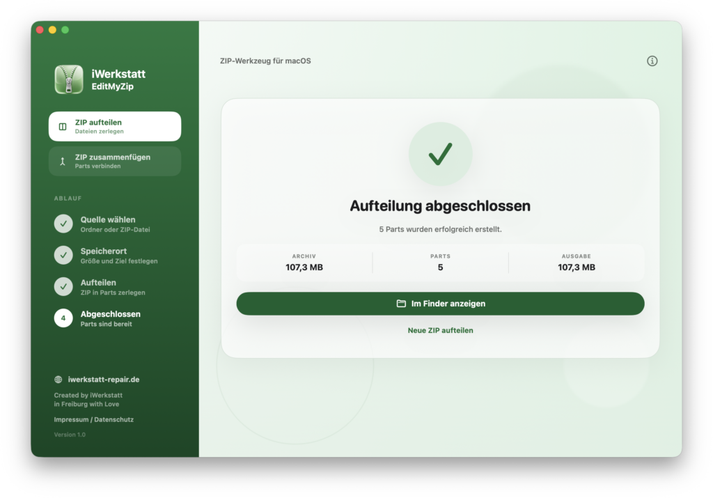 Erfolgreich aufgeteilte ZIP-Datei in EditMyZip