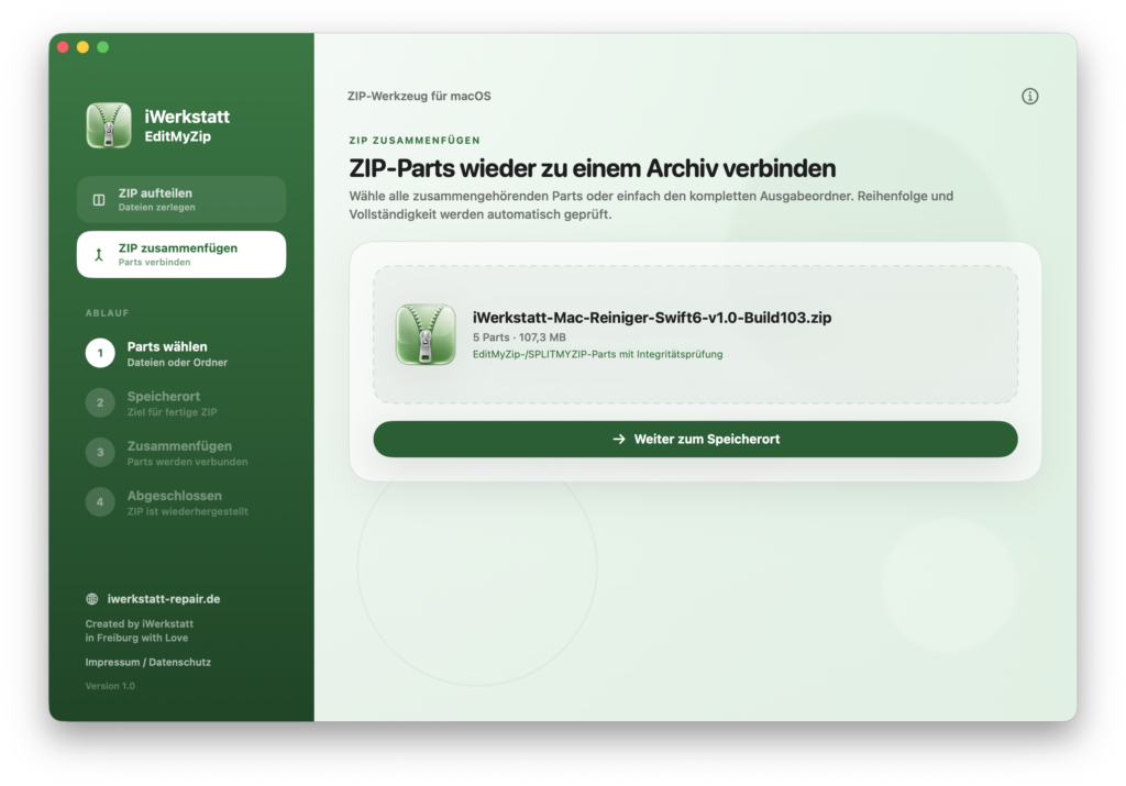 EditMyZip mit ausgewählten ZIP-Parts zum Zusammenführen