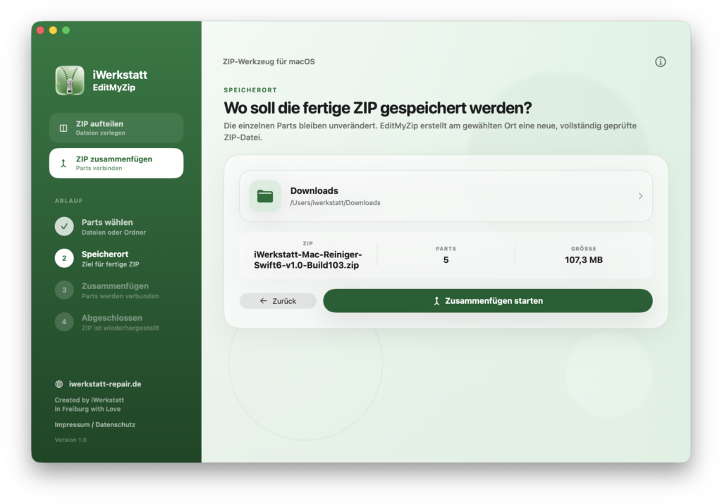 EditMyZip Auswahl des Speicherorts für die zusammengeführte ZIP-Datei