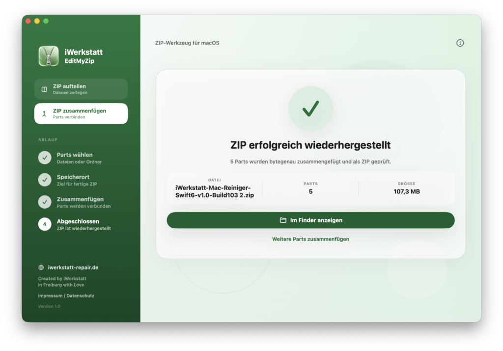 Erfolgreich zusammengeführte ZIP-Datei in EditMyZip