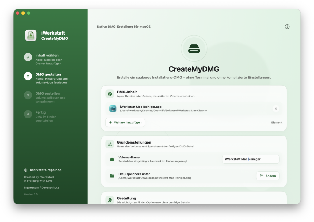 CreateMyDMG mit ausgewählter Mac-App, Volume-Name und Speicherort
