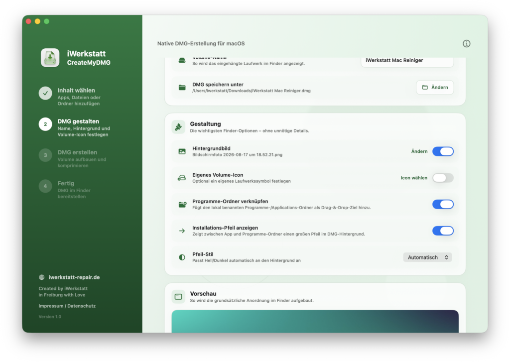 DMG mit Hintergrundbild Volume-Icon und Programme-Ordner in CreateMyDMG gestalten