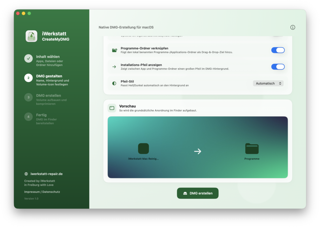 Installationspfeil und Pfeil-Stil für ein Mac DMG in CreateMyDMG