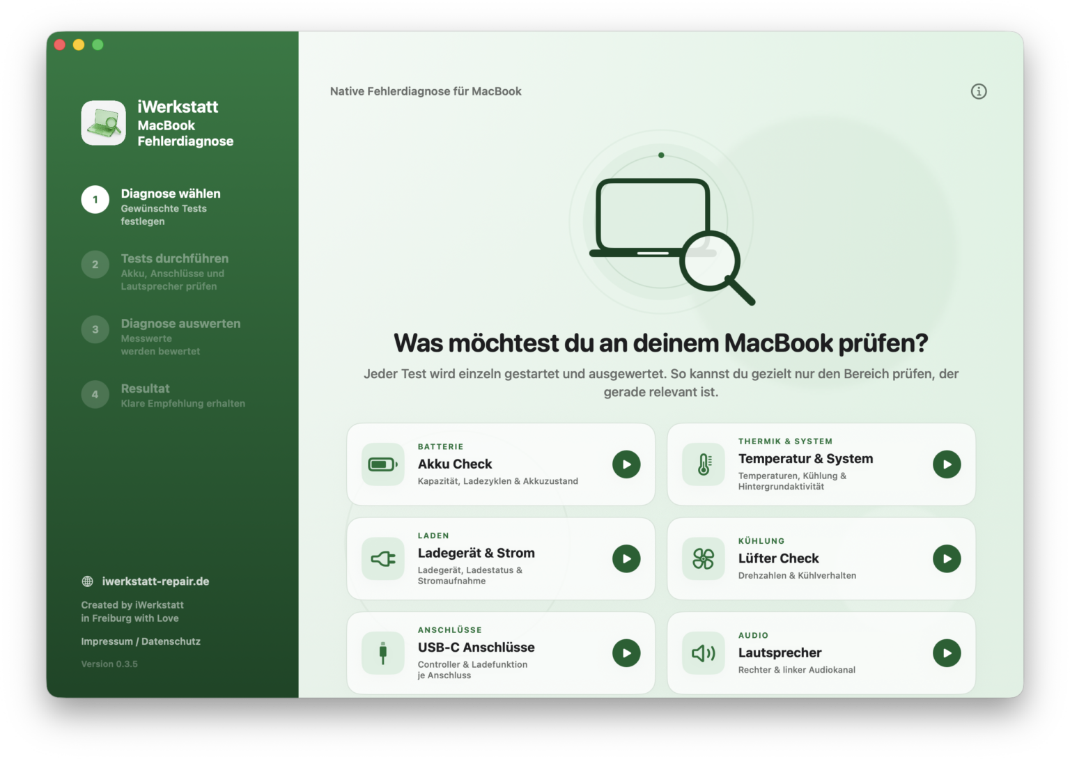 iWerkstatt MacBook Fehlerdiagnose mit Auswahl verschiedener Hardware-Tests