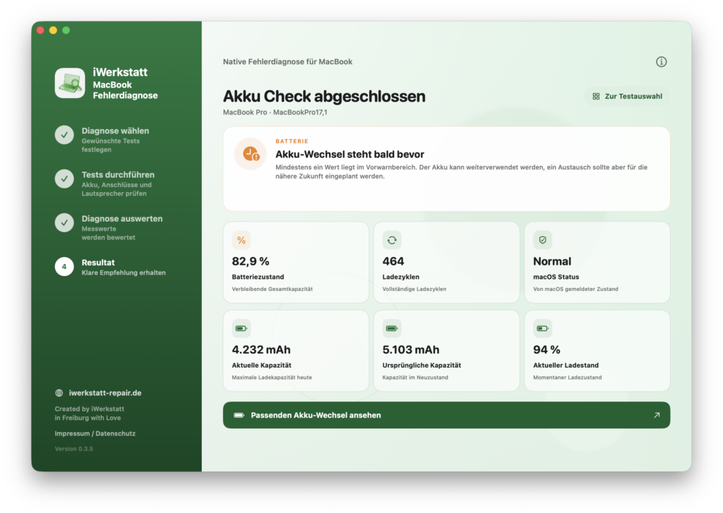 MacBook Akku Diagnose mit Batteriezustand Ladezyklen Kapazität und Status