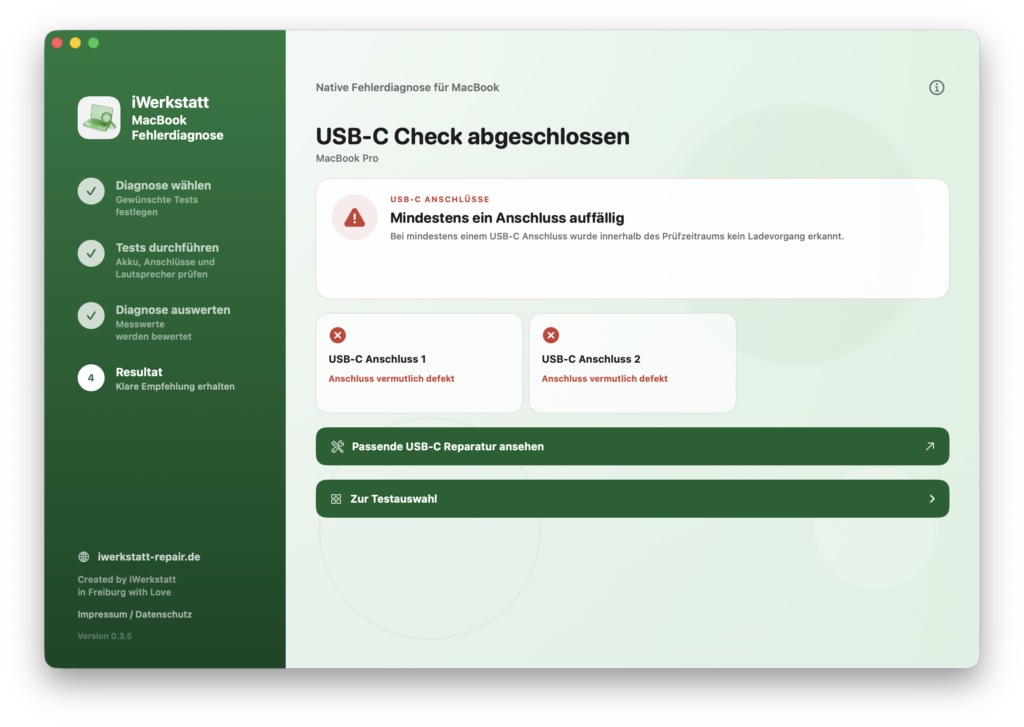 MacBook USB-C Diagnose Ergebnis mit auffälligen Anschlüssen