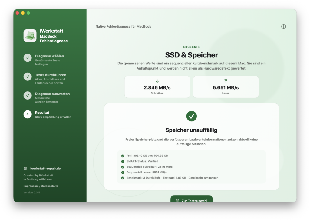 MacBook SSD und Speicher Diagnose Ergebnis mit Schreib- und Lesegeschwindigkeit