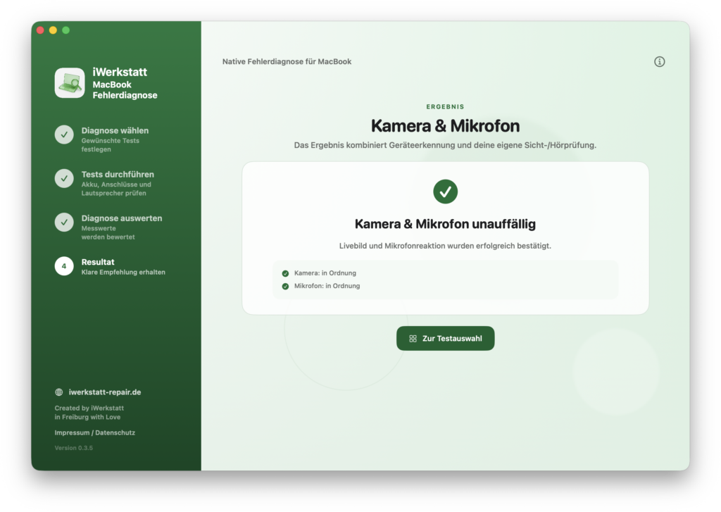 MacBook Kamera und Mikrofon Diagnose Ergebnis